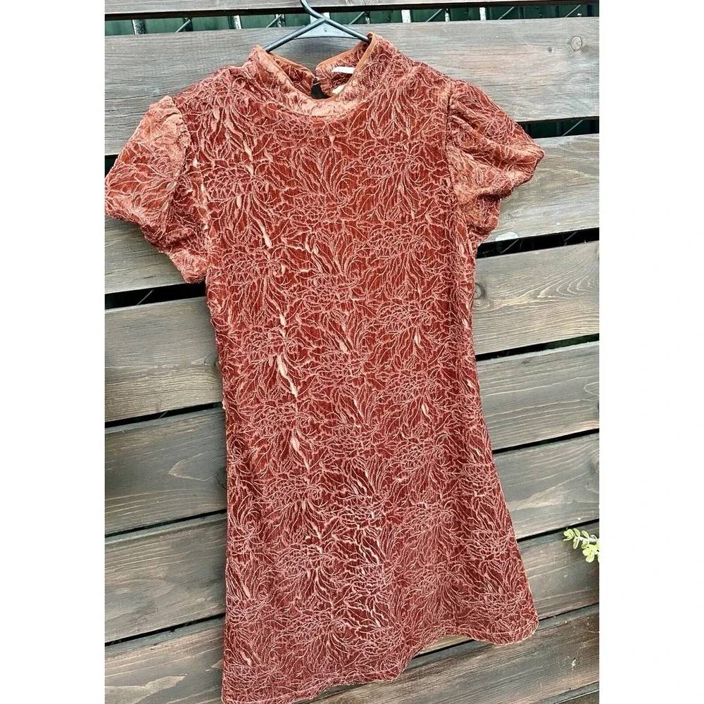 We The Free People Rust Orange Velour Open Back Mini Lace Dress Sz 2/XS Puff Slv